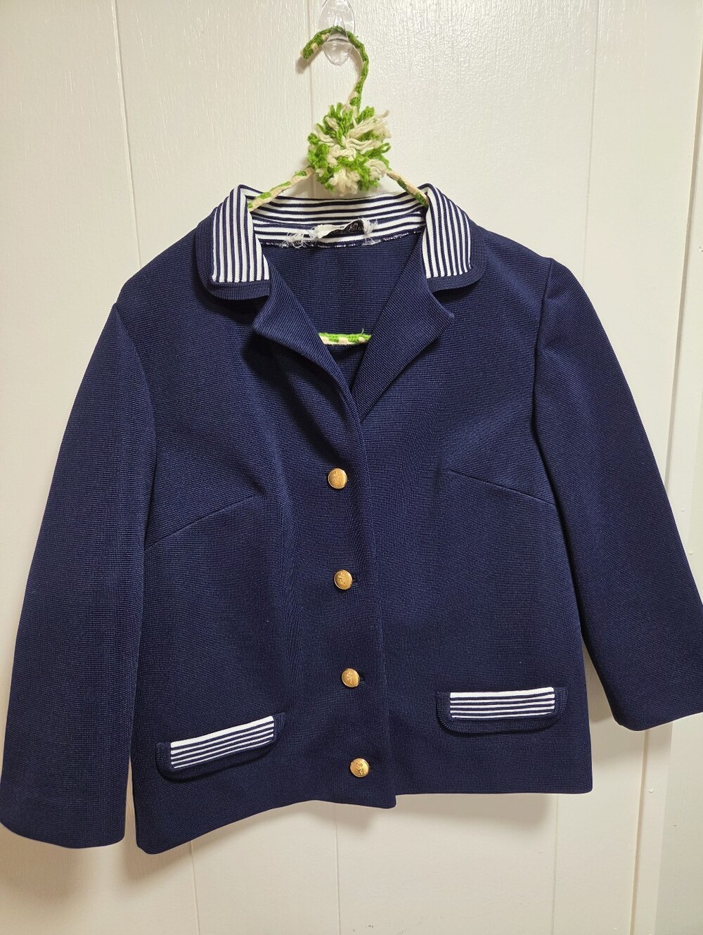 Vintage 70s Butte Knit Navy Blue Blazer Jacket Brass Buttons Striped Trim